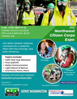 Image of Northwest Citizen Corps Expo Flyer with image collage of CERT members wearing personal protective equipment