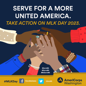 image of hands of various skin tones below words Serve for a More United America. Take Action on MLK Day